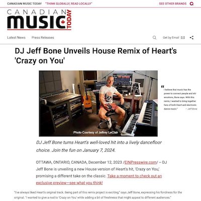 Jeff Bone is thrilled to share the news – his new music release has been officially announced!! Canadian Music Today article with exclusive song preview